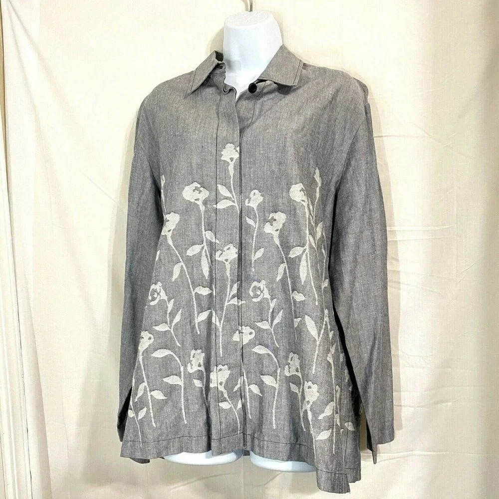 Nygard Collection Gray Floral Long Sleeve Blouse - Picture 1 of 8